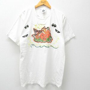 L/古着 リー Lee 半袖 ビンテージ Tシャツ メンズ 90s ハロウィン かぼちゃ ハンドペイント クルーネック 白 ホワイト 24may13 中古