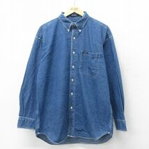 XL/古着 ラルフローレン チャップス 長袖 ブランド シャツ メンズ 90s ワンポイントロゴ ロング丈 コットン ボタンダウン 紺 ネイビー デニ_画像1