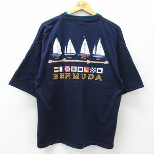 XL/古着 半袖 ビンテージ Tシャツ メンズ 00s ヨット バミューダ 胸ポケット付き 紺 ネイビー 24may14 中古