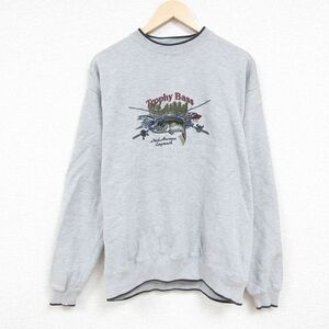 XL/古着 長袖 スウェット メンズ 00s 魚 刺繍 クルーネック グレー 霜降り 24may15 中古 スエット トレーナー トップス