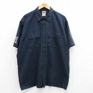 XL/古着 ディッキーズ Dickies 半袖 ワーク ロック バンド シャツ メンズ アイアンメイデン 大きいサイズ ロング丈 紺 ネイビー spe 24may1