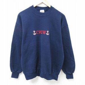 L/古着 ジャージーズ 長袖 スウェット メンズ 00s CREW 刺繍 クルーネック 紺 ネイビー 24may15 中古 スエット トレーナー トップス