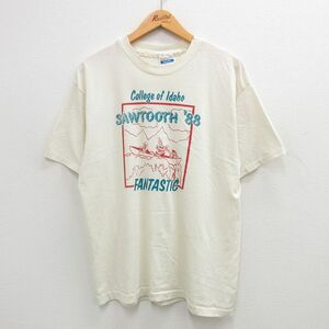 L/古着 ヘインズ 半袖 ビンテージ Tシャツ メンズ 80s アイダホ カレッジ クルーネック 生成り 24may16 中古