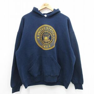 XL/古着 長袖 スウェット パーカー メンズ 00s ミリタリ－ ネイビー NAVY リフレクター 大きいサイズ 紺 24may16 中古 スエット トレーナー