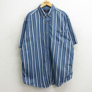 XL/古着 半袖 シャツ メンズ 90s 大きいサイズ ロング丈 コットン ボタンダウン 紺 ネイビー デニム ストライプ 24may16 中古 トップス