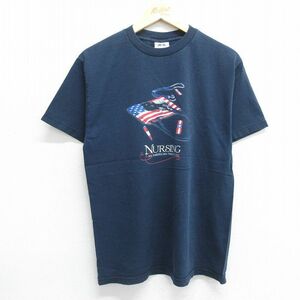 M/古着 半袖 ビンテージ Tシャツ メンズ 00s NURSING 星条旗 コットン クルーネック 濃紺 ネイビー 24may16 中古