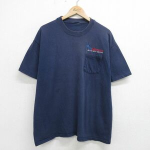 XL/古着 半袖 ビンテージ Tシャツ メンズ 00s BSC America 刺繍 胸ポケット付き 大きいサイズ クルーネック 紺 ネイビー 24may16 中古
