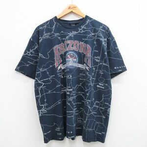 XL/古着 半袖 ビンテージ Tシャツ メンズ 90s アリゾナ 地図 全面プリント 大きいサイズ コットン クルーネック 紺 ネイビー 24may17 中古