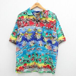 XL/古着 半袖 ハワイアン シャツ メンズ 90s 海 カメ レーヨン 開襟 オープンカラー 青他 ブルー 24may17 中古 アロハ トップス