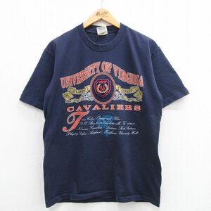 M/古着 半袖 ビンテージ Tシャツ メンズ 90s バージニア 大学 コットン クルーネック 紺 ネイビー 24may17 中古