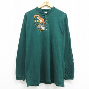 XL/古着 長袖 ビンテージ Tシャツ メンズ 90s ディズニー ジャングルブック バルー 大きいサイズ コットン ヘンリーネック 緑 グリーン spe