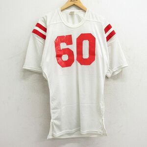 XL/古着 半袖 ビンテージ フットボール Tシャツ メンズ 70s 60 大きいサイズ ロング丈 メッシュ地 クルーネック 白 ホワイト ゲームシャツ