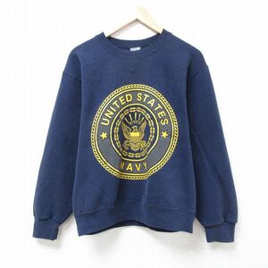 M/古着 長袖 スウェット メンズ 90s ミリタリー ネイビー NAVY リフレクター クルーネック 紺 24may18 中古 スエット トレーナー トップス