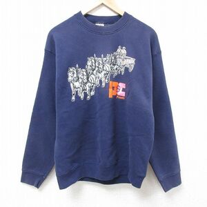 L/古着 フルーツオブザルーム 長袖 スウェット メンズ 90s 馬 クルーネック 紺 ネイビー 24may18 中古 スエット トレーナー トップス