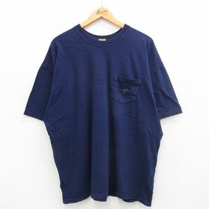 XL/古着 半袖 ビンテージ Tシャツ メンズ 90s 胸ポケット付き 大きいサイズ コットン クルーネック 紺 ネイビー 24may18 中古