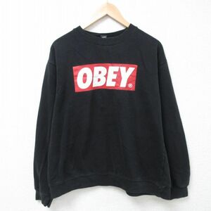 L/古着 オベイ OBEY 長袖 スウェット メンズ ビッグロゴ クルーネック 黒 ブラック 24may20 中古 スエット トレーナー トップス