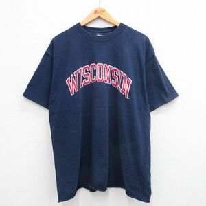 XL/古着 半袖 ビンテージ Tシャツ メンズ 90s ウィスコンシン コットン クルーネック 紺 ネイビー 24may20 中古