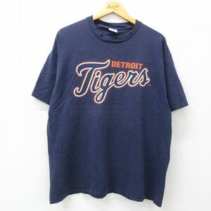 XL/古着 半袖 ビンテージ Tシャツ メンズ 00s MLB デトロイトタイガース 大きいサイズ コットン クルーネック 紺 ネイビー メジャーリーグ