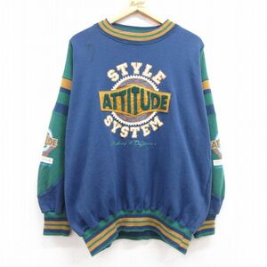 XL/古着 TODAYS NEWS 長袖 スウェット メンズ 90s ATTITUDE 大きいサイズ クルーネック 紺他 ネイビー spe 24may20 中古 スエット トレーナ