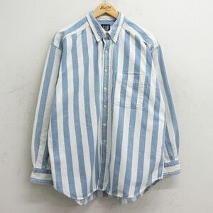 XL/古着 ギャップ GAP 長袖 ブランド シャツ メンズ 90s コットン ボタンダウン 薄紺他 ネイビー ストライプ 24may22 中古 トップス