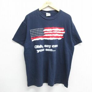 XL/古着 半袖 ビンテージ Tシャツ メンズ 00s 星条旗 コットン クルーネック 紺 ネイビー 24may22 中古