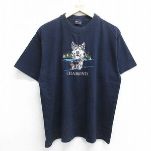 XL/古着 半袖 ビンテージ Tシャツ メンズ 00s 犬 ハスキー ソリ 刺繍 コットン クルーネック 紺 ネイビー 24may22 中古