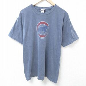 L/古着 マジェスティック 半袖 Tシャツ メンズ MLB シカゴカブス コットン クルーネック 濃グレー メジャーリーグ ベースボール 野球 24may