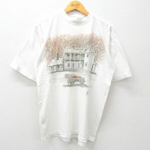 L/古着 半袖 ビンテージ Tシャツ メンズ 90s 家 木 クルーネック 白 ホワイト 24may24 中古