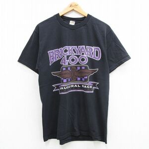 L/古着 半袖 Tシャツ メンズ 90s BRICKYARD レーシング コットン クルーネック 黒 ブラック spe 24may25 中古