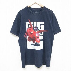 L/古着 半袖 Tシャツ メンズ ディズニー DISNEY ベイマックス コットン クルーネック 紺 ネイビー 24may25 中古