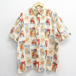 XL/古着 ピエールカルダン 半袖 ブランド ハワイアン シャツ メンズ 90s ハイビスカス ヤシの木 総柄 大きいサイズ コットン ベージュ他 カ