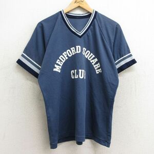 L/古着 半袖 ビンテージ Tシャツ メンズ 90s MEDFORD SQUARE SMITH 7 ラグラン Vネック 薄紺他 ネイビー ユニフォーム ゲームシャツ 24may2