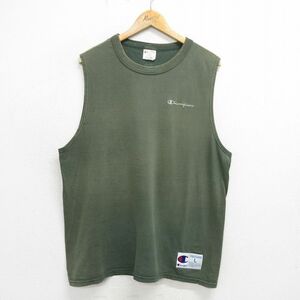 XL/古着 チャンピオン champion ノースリーブ ビンテージ Tシャツ メンズ 00s ワンポイントロゴ 大きいサイズ コットン クルーネック 緑系