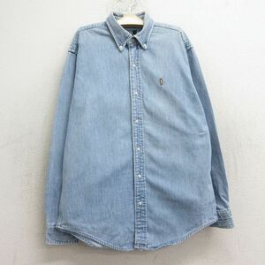 古着 ラルフローレン 長袖 ブランド シャツ キッズ ボーイズ 子供服 90s ワンポイントロゴ コットン ボタンダウン 薄紺 ネイビー デニム sp