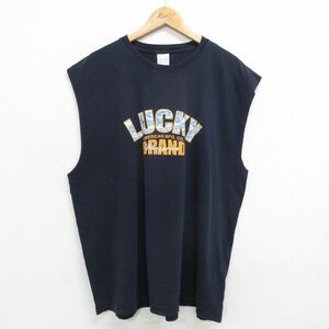 XL/古着 ラッキーブランド ノースリーブ Tシャツ メンズ 90s ビッグロゴ クローバー 大きいサイズ コットン クルーネック 紺 ネイビー 24ma