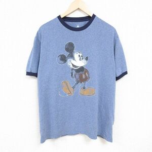 XL/古着 半袖 Tシャツ メンズ ディズニー DISNEY ミッキー MICKEY MOUSE 大きいサイズ クルーネック 青系 ブルー リンガー 霜降り 24may30