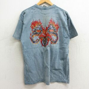 L/古着 半袖 ビンテージ Tシャツ メンズ 00s 龍 コットン クルーネック 薄紺 ネイビー タイダイ 24may30 中古