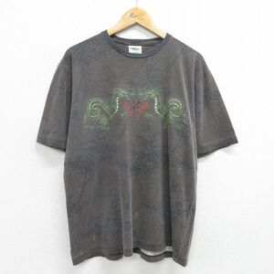 XL/古着 半袖 ビンテージ Tシャツ メンズ 00s 龍 コットン クルーネック 茶 ブラウン 24may30 中古