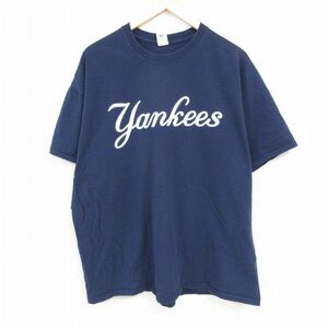 XL/古着 半袖 Tシャツ メンズ MLB ニューヨークヤンキース 大きいサイズ コットン クルーネック 紺 ネイビー メジャーリーグ ベースボール