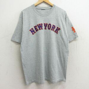XL/古着 半袖 ビンテージ Tシャツ メンズ 90s MLB ニューヨークメッツ クルーネック グレー 霜降り メジャーリーグ ベースボール 野球 24ma