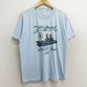 L/古着 半袖 ビンテージ Tシャツ メンズ 80s ミリタリー 軍艦 ジョンハンコック クルーネック 水色 24may30 中古