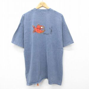 XL/古着 半袖 ビンテージ Tシャツ メンズ 00s PIRANA JOE 魚 マイアミ 大きいサイズ コットン クルーネック 薄紺 ネイビー 24may30 中古