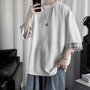 ★新品未使用★ 七分袖　Tシャツ　チェック柄 　オーバーサイズ　ホワイト