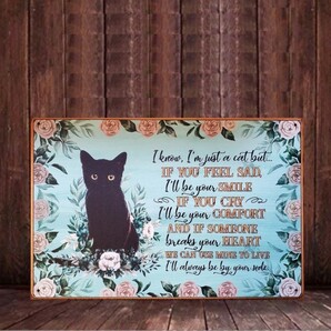 ブリキ看板　HANAKO　レトロ　猫の看板　J26　黒猫と薔薇　ウェルカムボード　ガーデンオブジェ