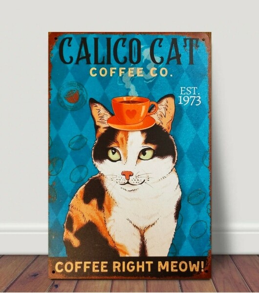 ブリキ看板　HANAKO　レトロ　猫の看板　K2　三毛猫　猫カフェ ウェルカムボード