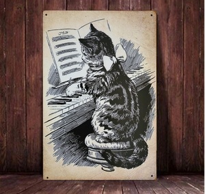 ブリキ看板　HANAKO　レトロ　猫の看板　T27　キジトラ　キジ猫　トラ猫　ピアノ　ピアノ教室　ウェルカムボード