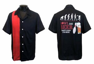 新品 3XLサイズ ボーリングシャツ 原始人とビール 黒×赤 1358 B 大きなサイズ ビッグサイズ オープンカラー レッド ロカビリー 柄シャツ
