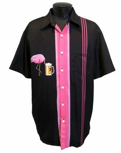 新品 Mサイズ ビールを飲むフラミンゴ 半袖シャツ 1091 黒×ピンク 生ジョッキ メンズ 柄シャツ ロカビリー パンク ロック ブラック パンク