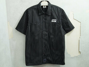 極美品 XL M&M CUSTOM PERFORMANCE STRIPE WORK SHIRT 半袖 ストライプ ワークシャツ ロゴ ワッペン 黒 ブラック エムアンドエム F