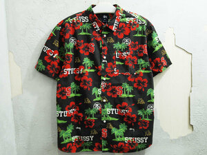 STUSSY HAWAIIAN SPORT S/S SHIRT 半袖 ハワイアン シャツ 総柄 黒 ブラック BLACK L ステューシー F